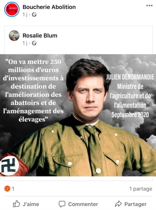 #BoucherieAbolition, groupe antispéciste violent, déjà condamné pour des intrusions dans des élevages, des dégradations et pour avoir provoqué la mort d'animaux en les "libérant", caricature le ministre de l'#Agriculture en #Nazi. 

Intolérable et délirant. 
<a href="/J_Denormandie/">Julien Denormandie</a>