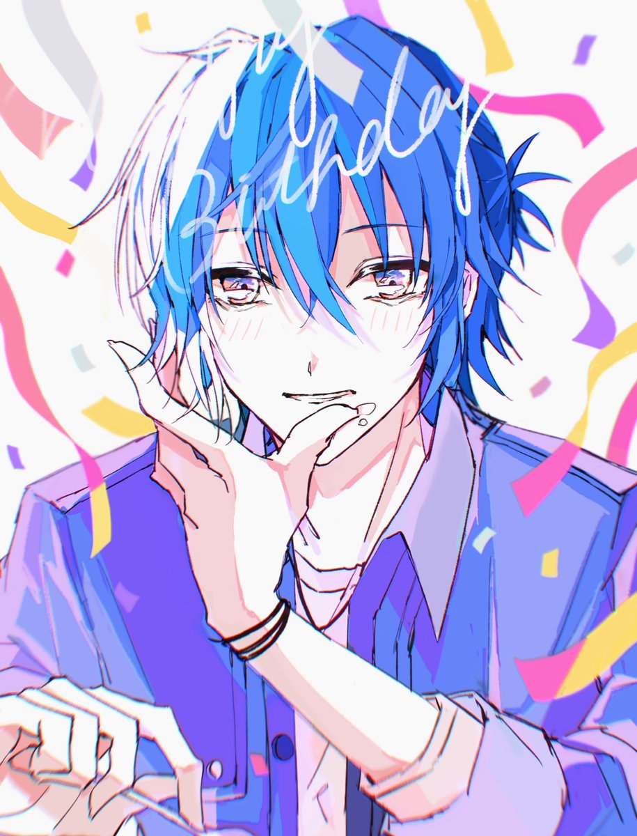 1boy male focus blue hair solo confetti looking at viewer food  illustration images