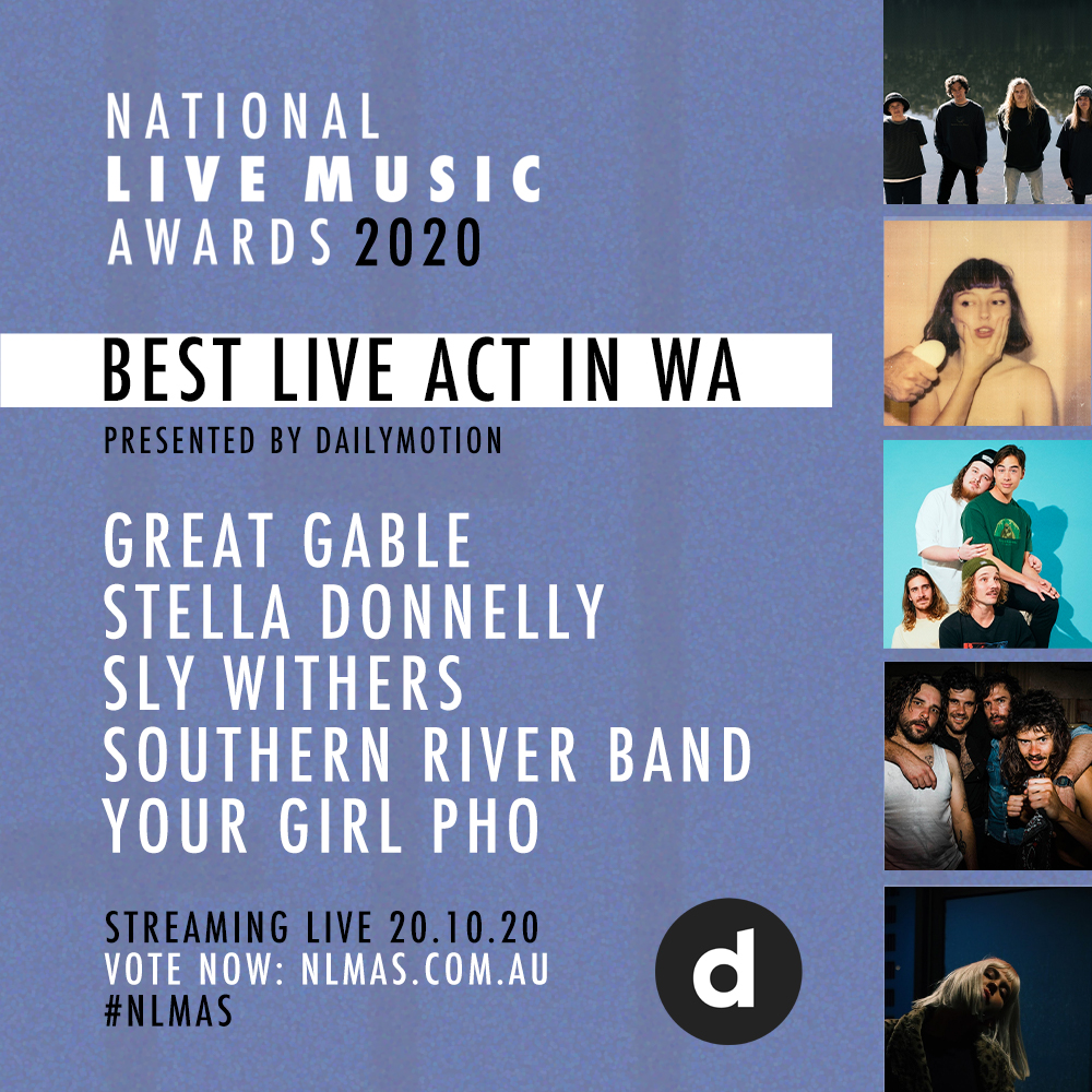 NLMAs23's tweet photo. Announcing our 2020 nominees for Best Live Act in WA, presented by @Dailymotion.

@greatgablemusic, @slywithers, @stelladonnelly, The Southern River Band, and @yourgirlpho 

Public Voting is now open at https://t.co/XrPc3VFTgX, #NLMAs https://t.co/D1AHc5OX1t