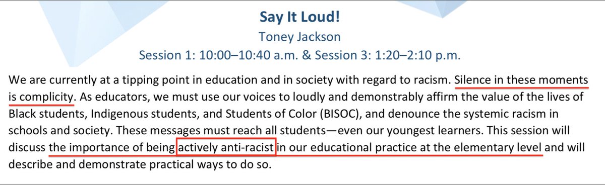 In this session, they discuss the importance of being “actively anti-racist.” (Wait ’til you learn the Woke definition of ‘anti-racist.’) And that silence is complicity.