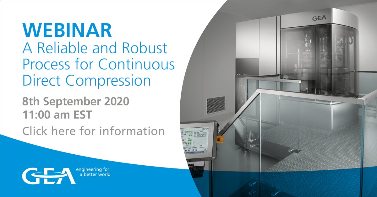 GEAPharma's tweet photo. Do you want to find out how robust a #continuous direct compression process for #pharmaceutical tablets can be? Participate in this webinar, where @ritchiesteins will discuss the results of an extended production run on the #ConsiGma DC system. https://t.co/yi9cpkLhke https://t.co/KKofXkK5GF