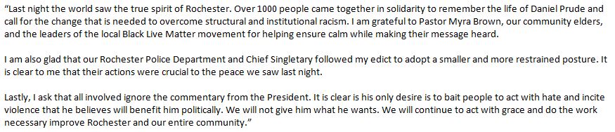 BreannaFuss's tweet photo. THIS JUST IN: #ROC Mayor Lovely Warren sends this statement regarding last night's peaceful protest and @POTUS' tweet... https://t.co/bAbuIH53Qg