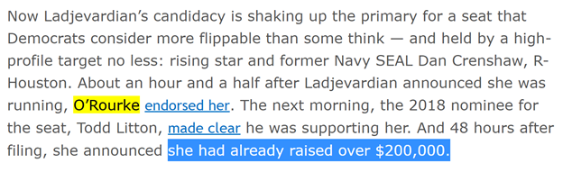 5)Ladjevardian entered the Harris County Democratic Party office in Houston primaries in the filing deadline on December 9, 2019.It is quite interesting how this former  @BetoORourke adviser was quickly escorted through the process.