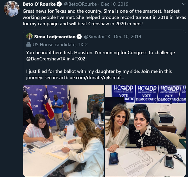 5)Ladjevardian entered the Harris County Democratic Party office in Houston primaries in the filing deadline on December 9, 2019.It is quite interesting how this former  @BetoORourke adviser was quickly escorted through the process.