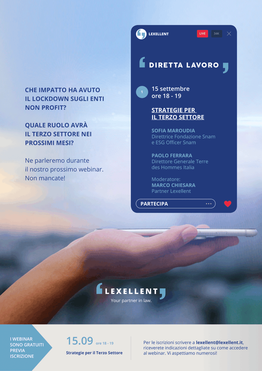LexellentLegal's tweet photo. Martedì 15 settembre dalle 18 alle 19 si terrà il primo #webinar #DirettaLavoro organizzato da Lexellent, dal titolo "Strategie per il terzo settore".La partecipazione è gratuita, è possibile iscriversi inviando una mail a lexellent@lexellent.it
#lavoro #nonprofit #terzosettore https://t.co/3OATub2plt