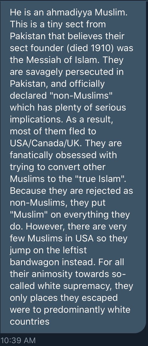 Frend DMs to school me on the Ahmadiyyah Muslim cult attempting fedgov infiltration. Smol, focused cults are quite adept at this sort of power building; the Mormons have thoroughly taken root in the intelligence community. Hope they’re DezNat!Maybe we do similar... 