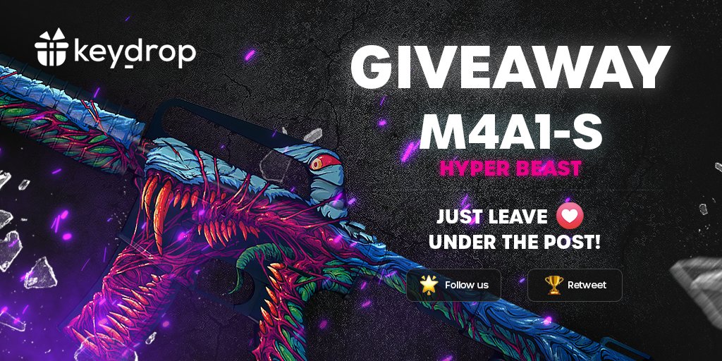 keydropcom's tweet photo. 🔥 Giveaway on M4A1-S | Hyper Beast! 🎁

👊Just leave ❤️ under the post!
🌟 Follow us!
🏆 Retweet!

⏰ Wait 24 hours!

#keydrop #keydropcom #keydroppl #csgo #csgoskins #csgoskin #csgogiveaway #giveaway #csgocases #csgocase #csgocommunity #csgoesport https://t.co/A8wOQGGKh1