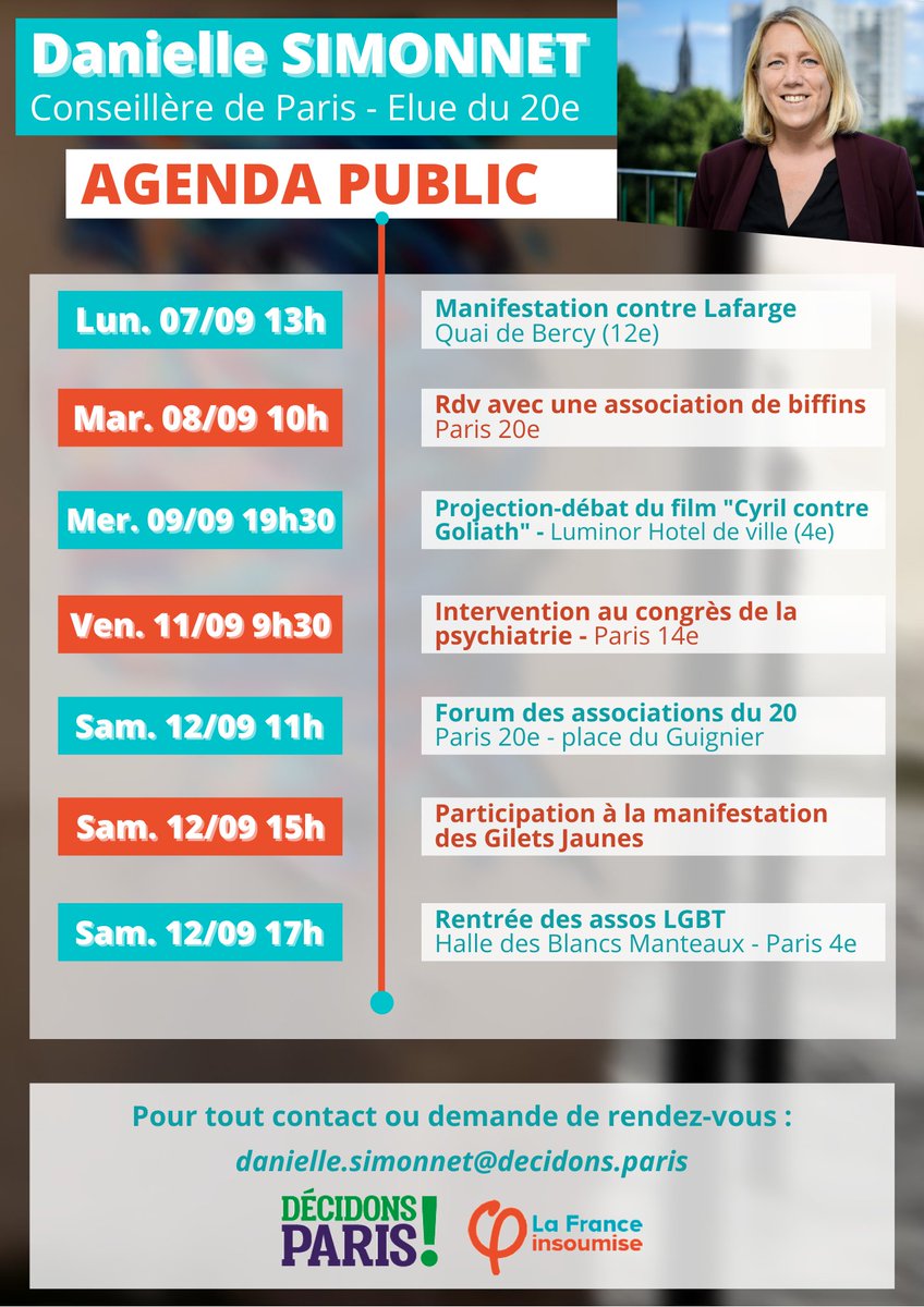 📆 AGENDA - Du 7 au 13/09

💬 Rdv avec une asso de biffins
📽️ Projection-débat "Cyril contre Goliath"
🎙️  Congrès de la psychiatrie
🤝 Forum des assos #Paris20
📢 Manifestation #GiletsJaunes
🏳️‍🌈 Rentrée des assos #LGBT <a href="/FiLGBTI/">LFI LGBTI et droits nouveaux - groupe thématique φ</a>

📨Contactez-nous 👉 danielle.simonnet@decidons.paris