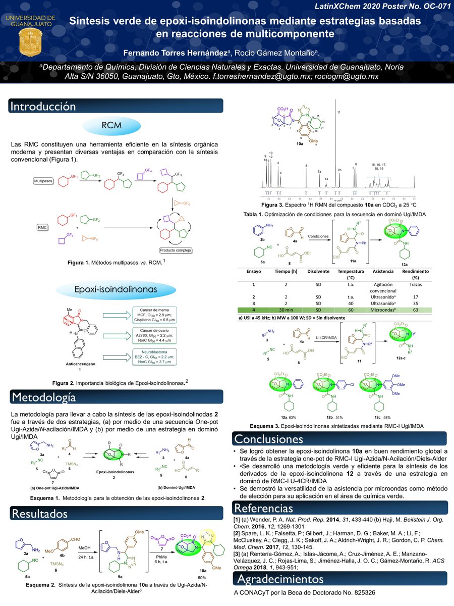 ferth12's tweet photo. Hola @LatinXChem , este es mi trabajo titulado "Síntesis verde de epoxi-isoindolinonas mediante estrategias basadas en reacciones de multicomponente". Póster No. OC-071 #LatinXChemOrg #LatinXChem https://t.co/hwSGPp6qB8