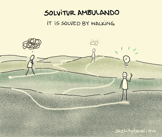 rshotton's tweet photo. Solvitur ambulando: a Latin phrase meaning "it is solved by walking"

As true now as it was when St Augustine coined it

Beautifully drawn by @sketchplanator https://t.co/SwJRq9YiuN