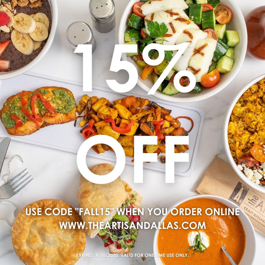 Just 1️⃣ more day until we are back to bringing fresh, local flavors to the <a href="/DalArtsDistrict/">Dallas Arts District</a>! Show this coupon to your cashier or use code "FALL15" when you order online for 15% off your lunch! #theartisandallas #dallaseats #dallaslunch #shoplocal #eatlocal #dallasartsdistrict
