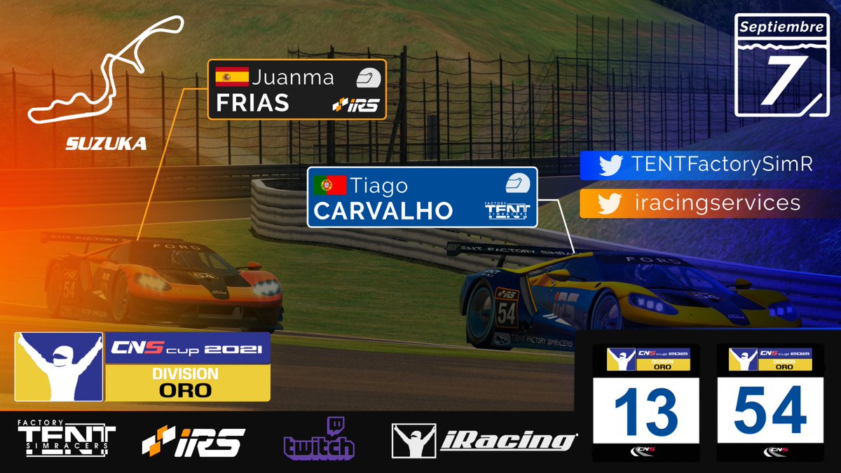 TENTFactorySimR's tweet photo. Arranca una nueva temporada 2020/2021 @CnsCampeonatos  #DivisionORO @IracingServices @iRacing_es 

📌 Race 1 ( Suzuka )
⌚️ 22h
🏎️  Ford GTE 
🇵🇹 @pinto_carvalho 
🇪🇸 @JuanmillaA1992 
📺 https://t.co/Mm9dIbbhTq https://t.co/kBh1fNHyPZ