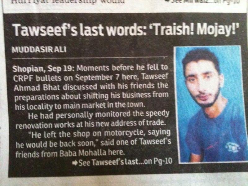 faahaadaal's tweet photo. Traish mojayy (give me water mother), were the last words of 19 year old Tawseef who was among four boys murderedd in cold blood by CRPF in Shopian this day in 2013.

How can we ever forget this brutality? https://t.co/1Iehr6ZMHI