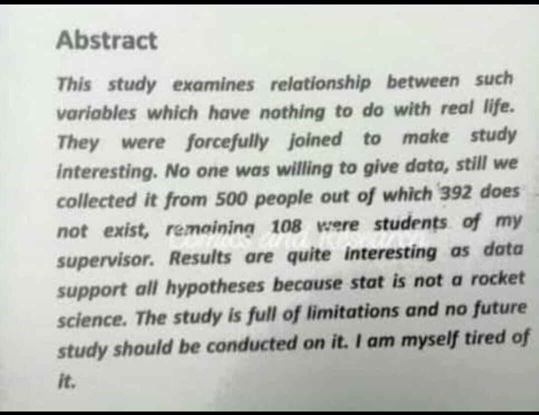 Dr. Shubham Misra 🧠⚛️🇮🇳🇺🇸 (@shubham_neuro) on Twitter photo The perfect ABSTRACT has just been written..!! 🙌🙌
Give this person a NOBEL.. 🤣🤣
<a href="/AcademicChatter/">Academic Chatter™</a> <a href="/OpenAcademics/">OpenAcademics</a> <a href="/Editage/">Editage</a> <a href="/What2doWithTHAT/">What Are YOU Going To Do With THAT?🎙🎓</a> <a href="/thephdstory/">The PhD Story</a> <a href="/PhDVoice/">PhD Voice - Independently Run</a> <a href="/PhDspeaks/">PhD Speaks</a> <a href="/PhDForum/">PhD Forum</a> #AcademicChatter #AcademicTwitter #phdchat #phdlife #ScienceTwitter The perfect ABSTRACT has just been written..!! 🙌🙌
Give this person a NOBEL.. 🤣🤣
<a href="/AcademicChatter/">Academic Chatter™</a> <a href="/OpenAcademics/">OpenAcademics</a> <a href="/Editage/">Editage</a> <a href="/What2doWithTHAT/">What Are YOU Going To Do With THAT?🎙🎓</a> <a href="/thephdstory/">The PhD Story</a> <a href="/PhDVoice/">PhD Voice - Independently Run</a> <a href="/PhDspeaks/">PhD Speaks</a> <a href="/PhDForum/">PhD Forum</a> #AcademicChatter #AcademicTwitter #phdchat #phdlife #ScienceTwitter