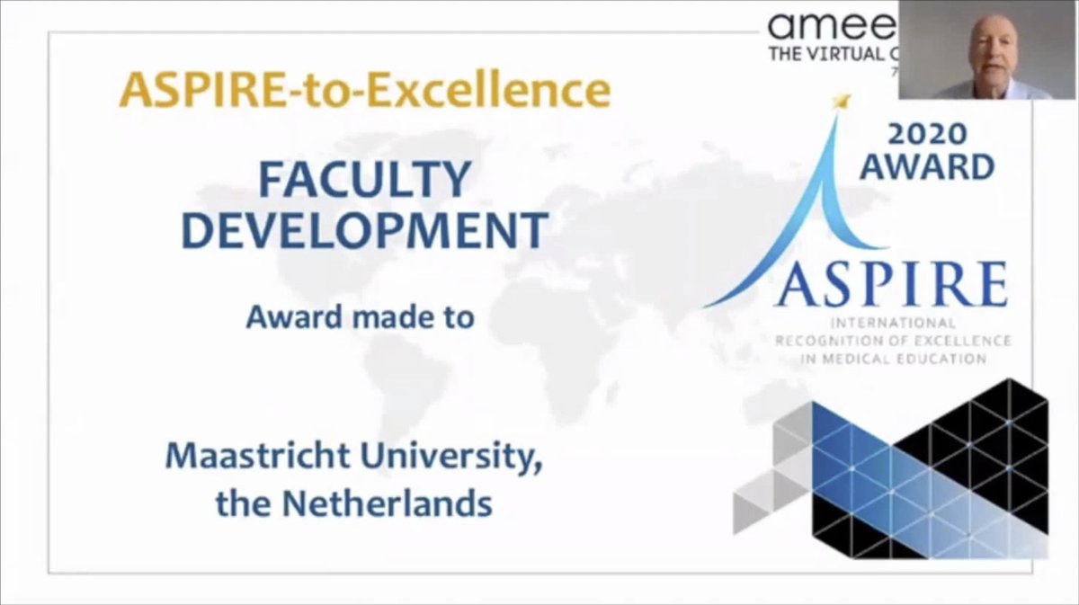 Quite exited to share that we were awarded the <a href="/AMEE_Online/">AMEE Online</a> ASPIRE-to-Excellence award in the Faculty Development area this year. So happy to work with this amazing team of stimulating and growth-promoting colleagues <a href="/MaastrichtU/">Maastricht University</a>!

#AMEE2020 #facultydevelopment