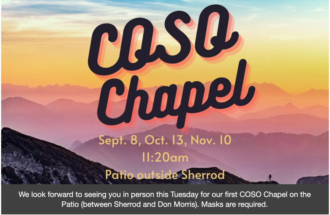 ACUCOSO's tweet photo. Attn @acuedu @acuoptimist #COSOThisWeek is back! An inspirational message, call for prayer requests, and department chapel Tuesday, Sept. 8 at 11:20 a.m., Sherrod Patio. https://t.co/M8G997Zi9M
