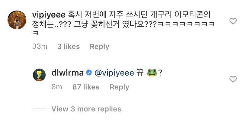 Q. What’s the meaning behind the frog emoji you frequently used last time...?? Or were you just obsessed with it??? KekekekeIU: Gyu ?Q. What is the driving source of life of 28y/o IU??IU: The anticipation for 30y/o