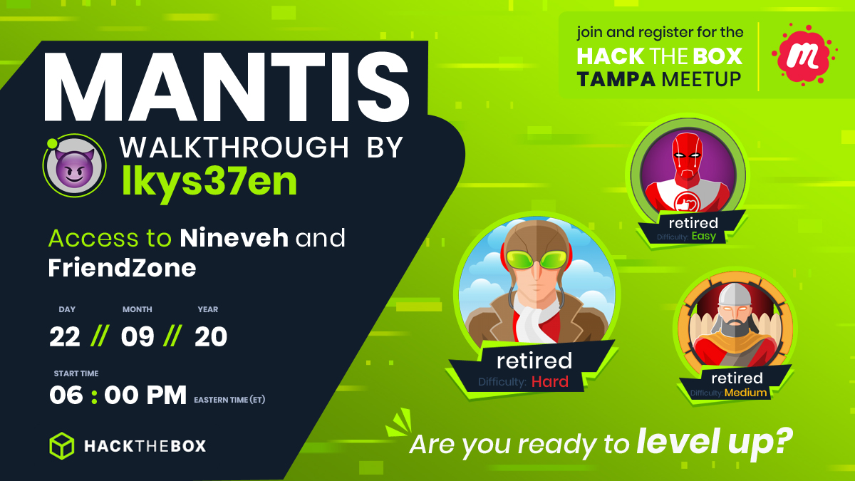 lazzslayer's tweet photo. @lkys37en will be joining the next @hackthebox_eu Tampa Meetup as a guest speaker! He will be walking through Mantis with everyone. 😈

The event will be hosted remotely from 6:00 PM EST - 9:00 PM EST on Tuesday, September 22, 2020.

RSVP here ➡️ https://t.co/YTHmySEhcu https://t.co/qSAQTACrQk
