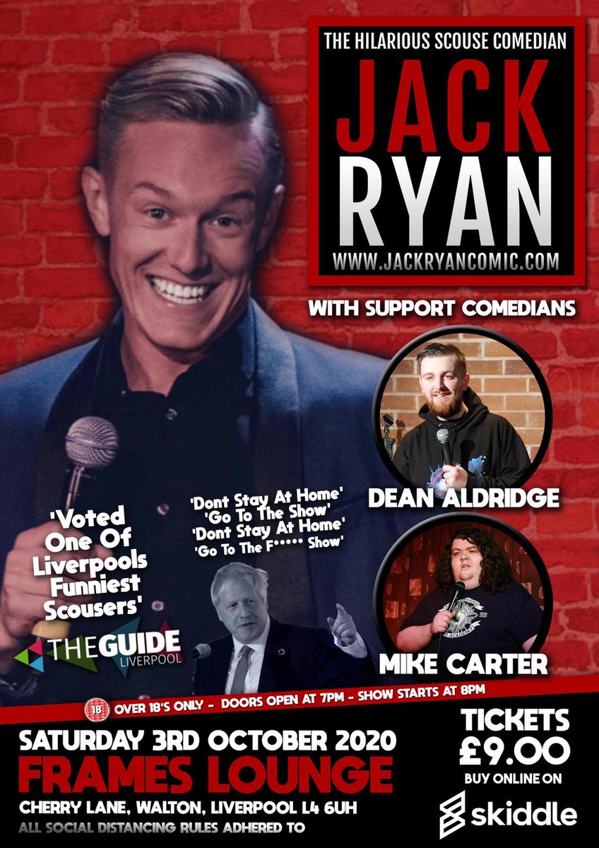 jackryancomic's tweet image. ‼️💥 LIVE IN LIVERPOOL 💥‼️
I’m finally back on stage at Frames Lounge, Liverpool. 🗓 Saturday 3rd October 2020, With support comedians Dean Aldridge &amp;amp; Mike Carter. There is Very limited tickets you can get yours here, 🎫💨 skiddle.com/e/13815075