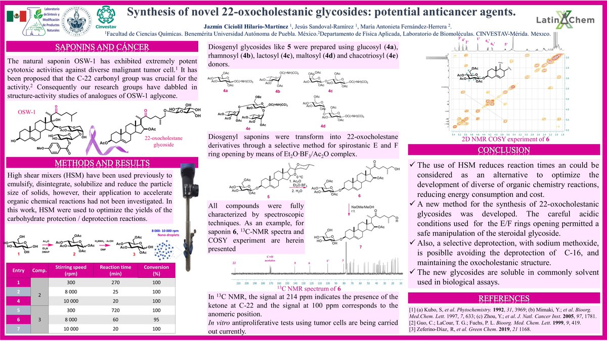 JazminCiciolil's tweet photo. Have you heard about the potential #anticancerous #steroidal #saponins? @JazminCiciolil invites you to read here @LatinXChem #LatinXChemOrg about the synthesis of #oxocholestane #glycosides. I am very glad to share this poster. Feel free to ask any questions or make any comments. https://t.co/TvbpLneu0o