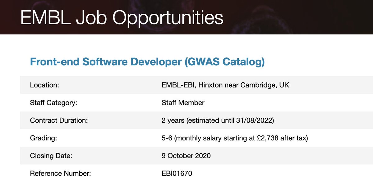 EMBLEBIjobs's tweet photo. Are you a #Java programmer excited about #frontend technologies and #frameworks? We’re #hiring a front-end #SoftwareDeveloper to find new and efficient ways to visualise complex data for the @GWASCatalog. #devjobs #sql #webmvc #html5 #css #mongodb
https://t.co/tvyT94HQwQ https://t.co/6QNbY3z1X1