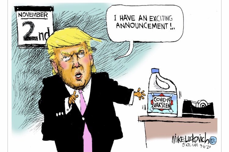 k_dancer247's tweet photo. Logos: The author of this cartoon is trying to show trumps lack of intelligence by putting the vaccine in a bleach bottle and spelling it wrong and showing the vaccine comes out 2 days before elections🤦🏾‍♀️ #JSEng101 https://t.co/sxKBZqCBiC