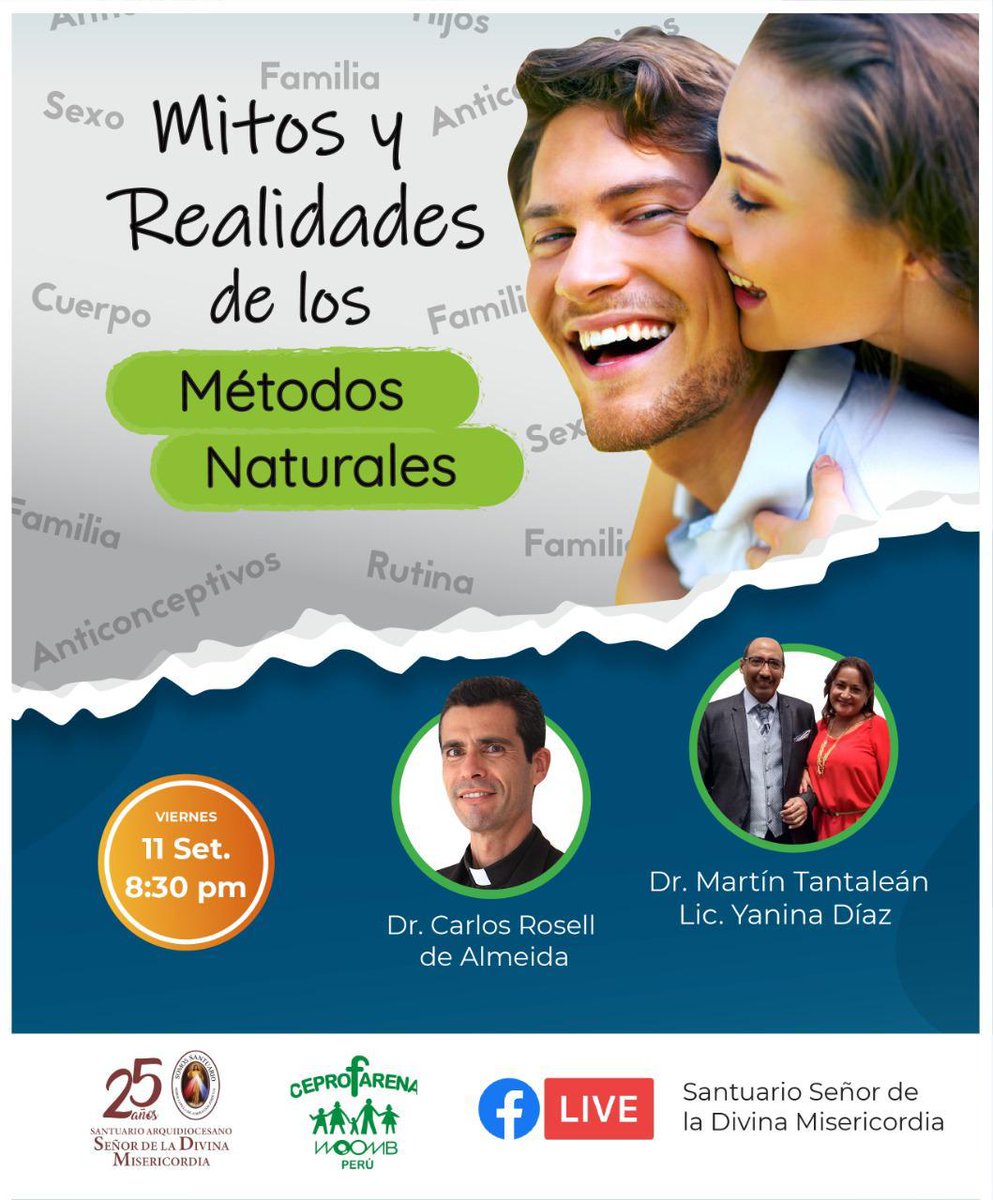 ceprofarena's tweet photo. Invitación Charla:Mitos y Realidades de los Métodos Naturales
Facebook Santuario Señor de la Divina Misericordia
Vie 11 Setie 8:30 pm
P. Dr. Carlos Rosell de Almeida
Dr. Martín y Yanina Tantalean 
#MetodoDeLaOvulacionBillings
#MetodoBillings
#SantuarioSeñorDeLaDivinaMisericordia https://t.co/wOLtoeEAKm