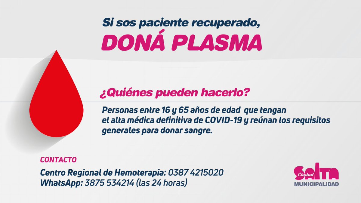 DONAR PLASMA SALVA VIDAS🩸
Si tuviste coronavirus, hoy tu colaboración puede ayudar hasta a 3 pacientes.
📲Comunicate con el Centro Regional de Hemoterapia para que se analice tu aptitud para ser donante.
🤍 Donar es fácil, rápido y seguro. ¡Salgamos juntos adelante!
#DonáPlasma