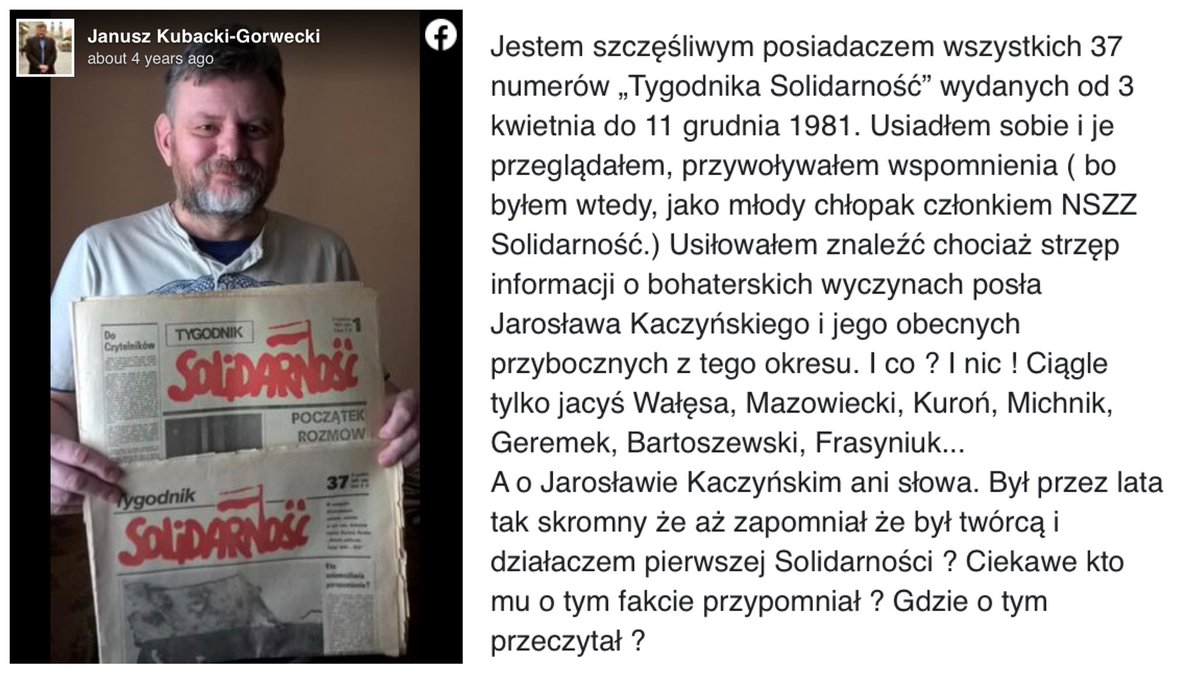 NocnaZ's tweet photo. „We wszystkich 37 numerach Tygodnika Solidarność szukałem strzępów informacji o bohaterskich wyczynach posła Jarosława Kaczyńskiego. I co ? I nic ! Ciągle tylko jacyś Wałęsa, Mazowiecki, Kuroń, Michnik, Geremek, Bartoszewski, Frasyniuk...” ❤️❤️ https://t.co/MOG4QxLq55