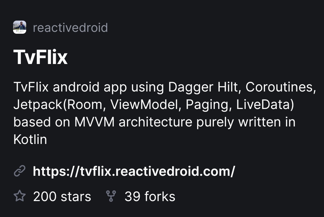 reactivedroid's tweet photo. I am elated and extend my sincere thanks to the community for all the love as #TvFlix repository touches 200⭐. This inspires even more to contribute to open-source. #AndroidDev #Kotlin
https://t.co/szcmpnp2l4 https://t.co/tMEzBtSC6t
