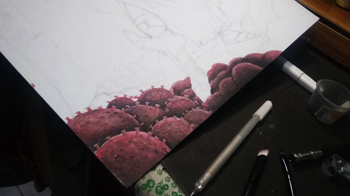 Leonarts_'s tweet photo. WIP Final Entry for a local poster making contest 

I am enjoying painting these covid cells and I dunno why 😅 https://t.co/MmQPRFhSGB