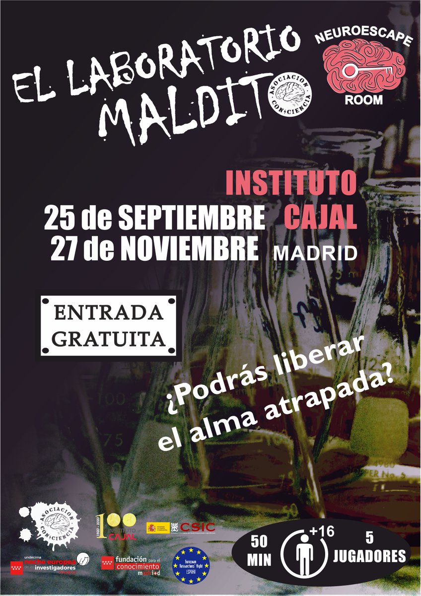 NeuroEscape Room. Reservas a partir del 9 de septiembre a las 11 a.m. en este enlace: asociacionconciencia.wordpress.com/reservas/
¡Son muy pocas plazas así que estad atentos!
@InstitutoCajal <a href="/ComunidadMadrid/">Comunidad de Madrid</a> <a href="/CSIC/">CSIC</a> <a href="/CSICdivulga/">CSIC Divulga</a> #europeanresearchersnight