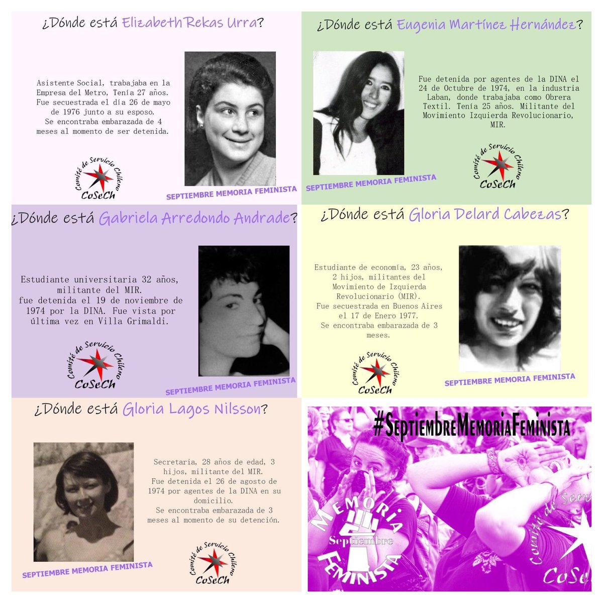 C_CoSeCh's tweet photo. 🟣 #SeptiembreMemoriaFeminista recordamos a Eugenia Martínez, Gabriela Arredondo, Gloria Delard, Elizabeth Rekas, Gloria Lagos PRESENTES!!
#detenidasdesaparecidas
Nos preguntamos ¿Dónde Están?
#memoria #verdadyjusticia #noolvidamos #DondeEstan #COSECH
https://t.co/AgTTJ3OJN8 https://t.co/AJk37bSnmy