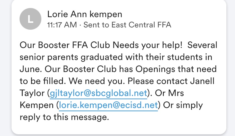 East Central FFA Booster club has openings for 2020-2021 Directors. ECFFA will need you.