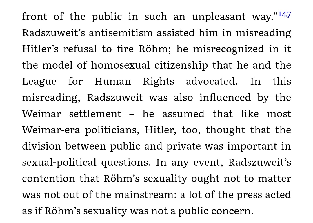 It feels a lot like there was this fascist loyalty to gay masculinity where so the real problem was those (Jewish) queers out there agitating to be too publicly gay and flaunting it in people's faces (ie Hirschfeld's movement for gay and trans emancipation).