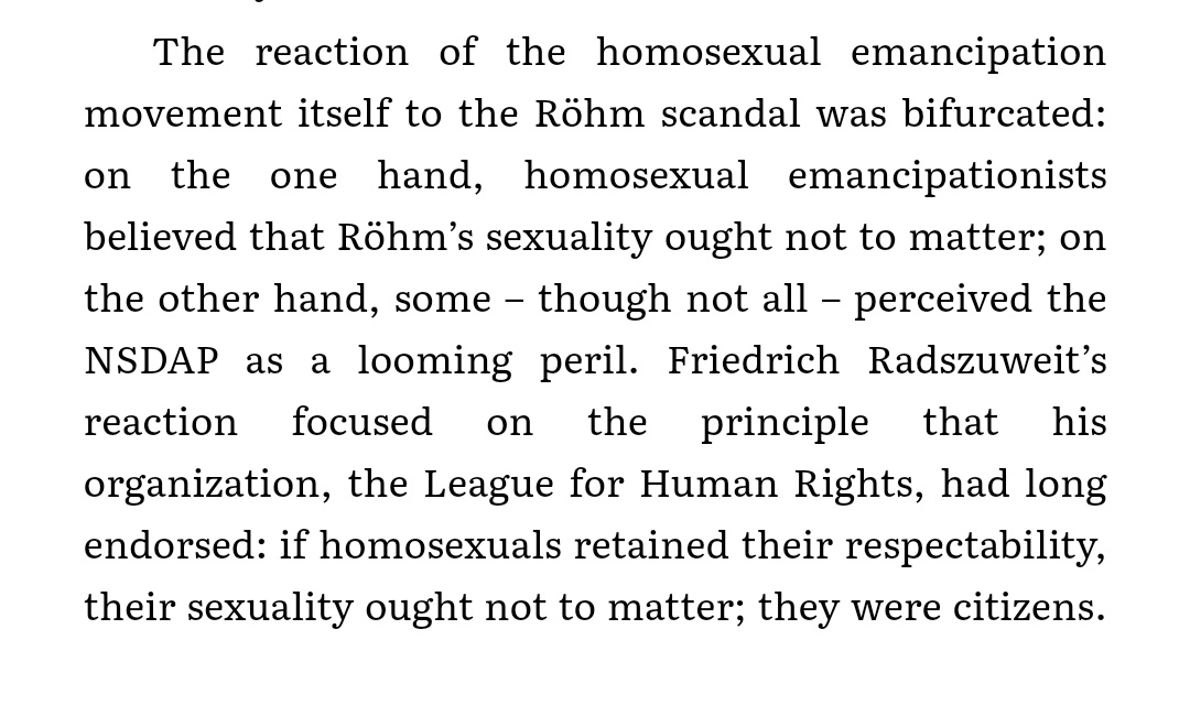 It feels a lot like there was this fascist loyalty to gay masculinity where so the real problem was those (Jewish) queers out there agitating to be too publicly gay and flaunting it in people's faces (ie Hirschfeld's movement for gay and trans emancipation).