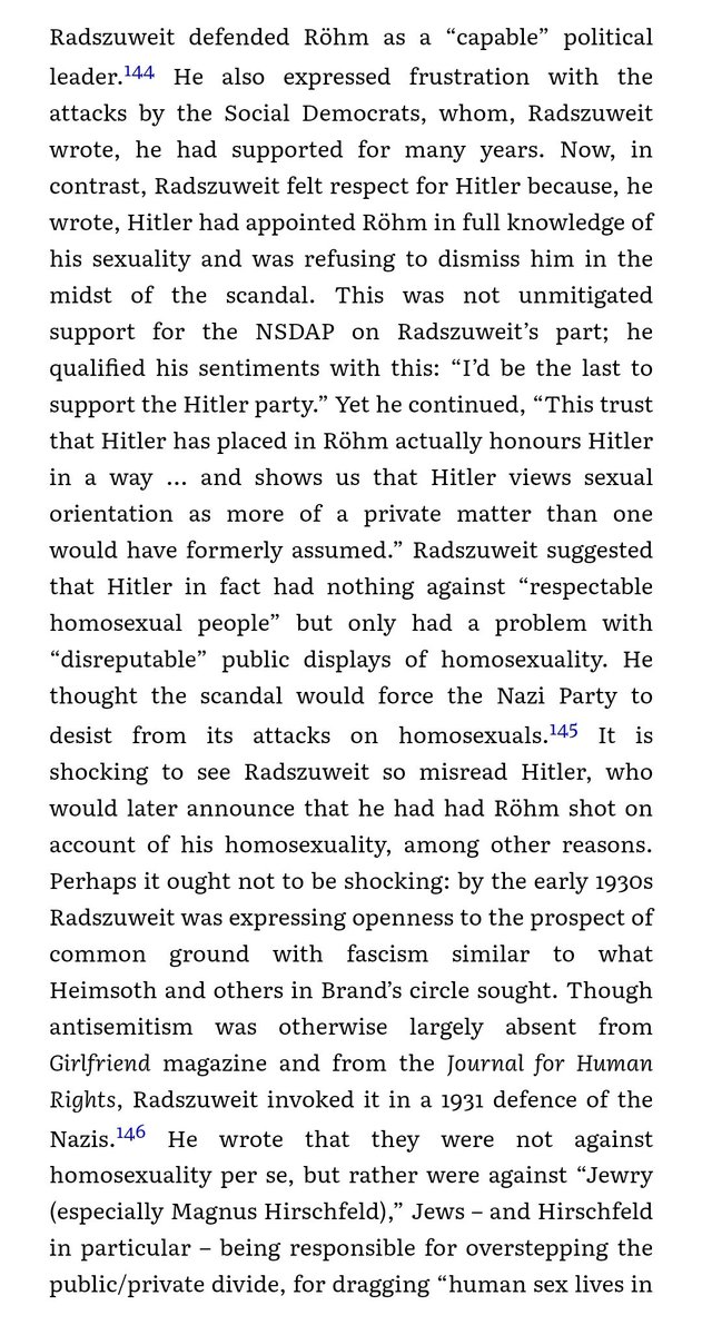 It feels a lot like there was this fascist loyalty to gay masculinity where so the real problem was those (Jewish) queers out there agitating to be too publicly gay and flaunting it in people's faces (ie Hirschfeld's movement for gay and trans emancipation).