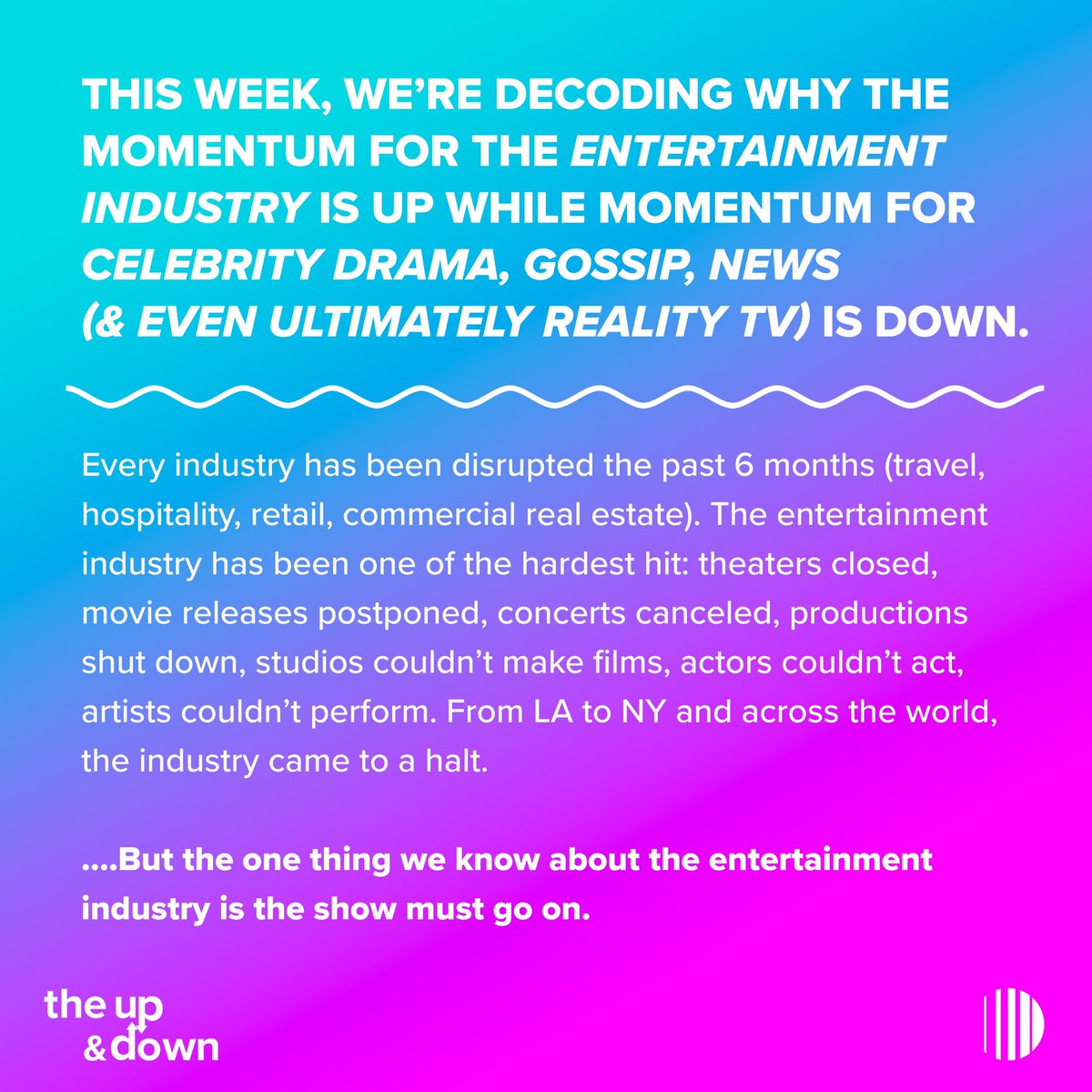 If there’s one thing we know about the Entertainment industry... the show much go on. One of the hardest hit industries, but those momentum masters are leading us to the future. #staytuned for more from this week’s decode on the momentum of the entertainment industry. 🚀