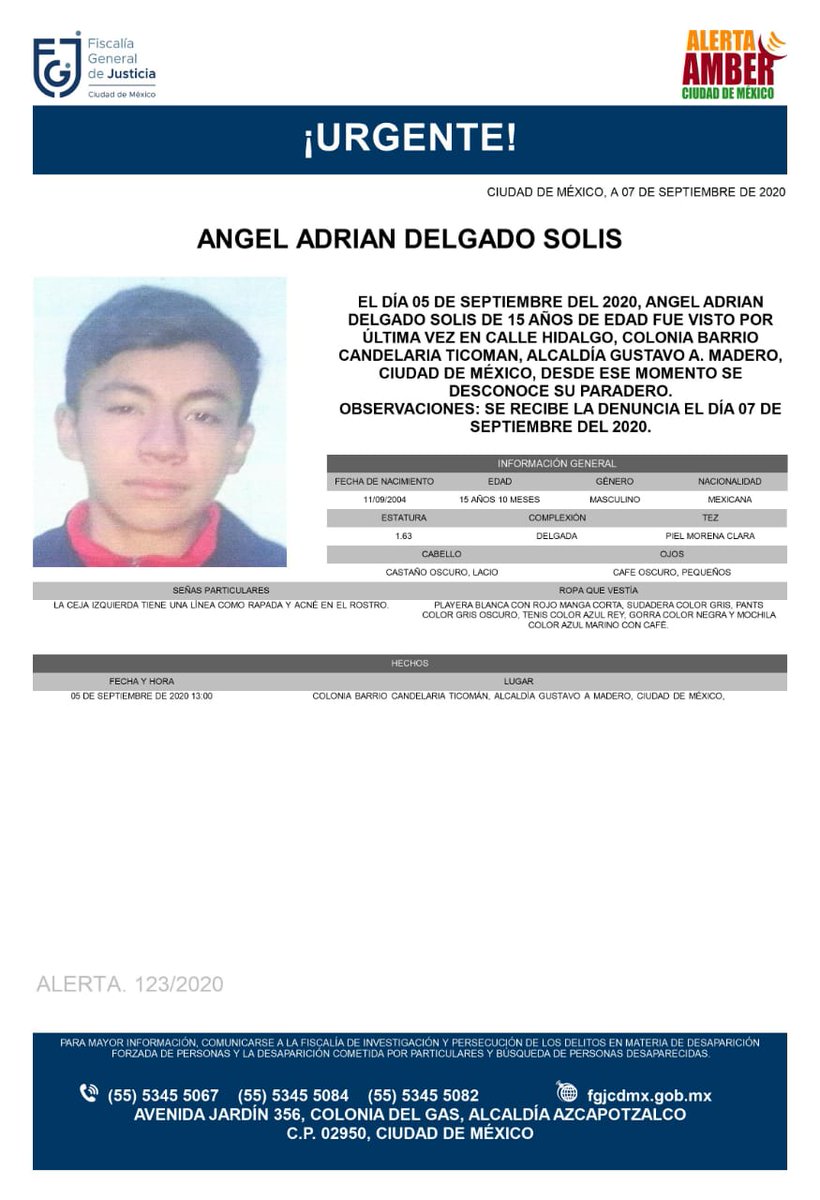 #ServicioALaComunidad #RT #AlertaAmber para localizar a ÁNGEL ADRIÁN DELGADO SOLÍS de 15 años, no localizado en la Col. Candelaria Ticomán, alcaldía #GAM.