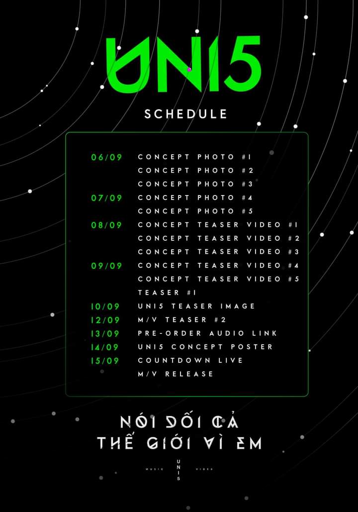 uni5fc's tweet photo. Nói Dối Cả Thế Giới Vì Em - Schedule Poster

#UNI5 #NDCTGVE #COMEBACK https://t.co/A9JZeneWhu