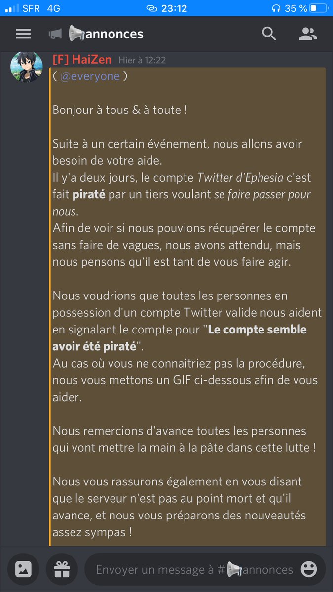 haizenwsh's tweet photo. Attention !

Pour ceux n’ayant pas vu l’annonce Discord, nous rappelons que le compte Twitter d’Ephesia c’est fait pirater ! 
Ne faite surtout pas confiance à ces individus et n’hésitez surtout pas à suivre la démarche donnée sur Discord.

Merci de votre compréhension. https://t.co/6J3VsIozTq