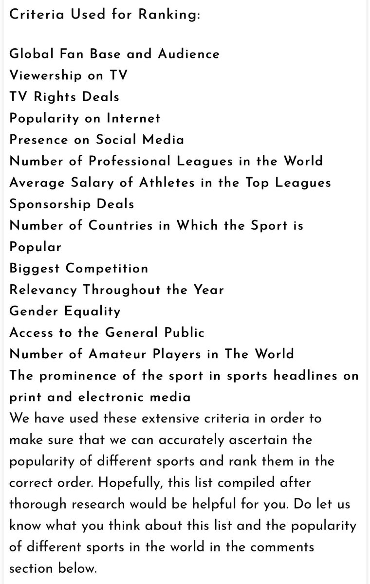 ShaneWarne's tweet photo. Here’s the top 5 most popular sports in the world and the criteria ! Soccer, just beats cricket https://t.co/MdJGdzvs7R