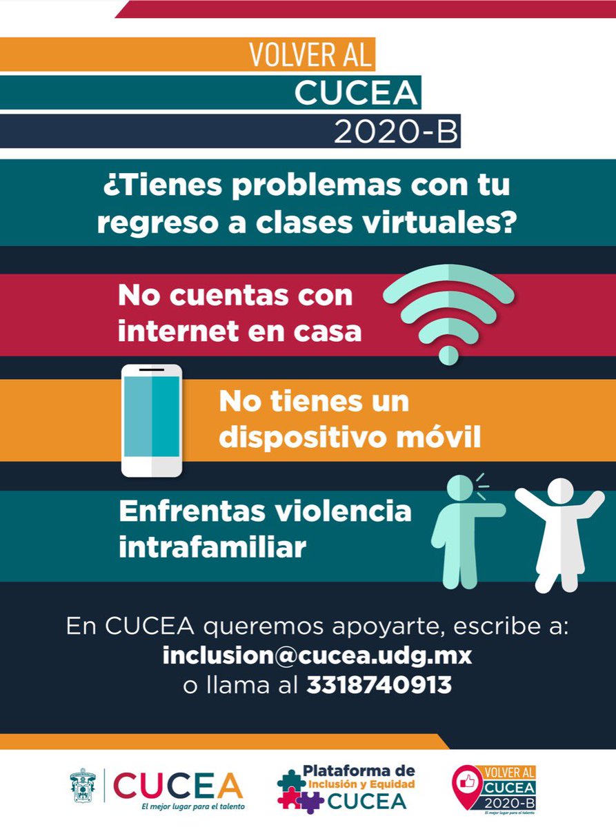 CUCEA_OFICIAL's tweet photo. Si tienes alguno de estos problemas escribe a: inclusion@cucea.udg.mx o llama al número: 3318740913 

En CUCEA te apoyamos en este regreso a clases seguro. 

https://t.co/9U7uMty6Yk

#ElMejorLugarParaElTalento https://t.co/EnvtEYKzwL