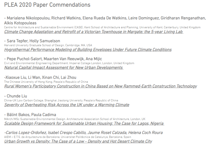 PLEAARCH's tweet photo. Due to the high quality of the shortlisted papers, the #PLEA2020 jury decided to grant 7 commendations! https://t.co/LY58BG6SBl https://t.co/c2s80k0ZLm