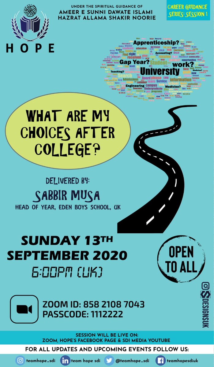 Join us on Sun 13th Sept 2020 at 6:00pm (UK time) for our next webinar session.

Our respected speaker will talk to us about options to consider for those at college. If you are 16 to 19 or a parent of someone at college, who are unsure about what career path to take than join us