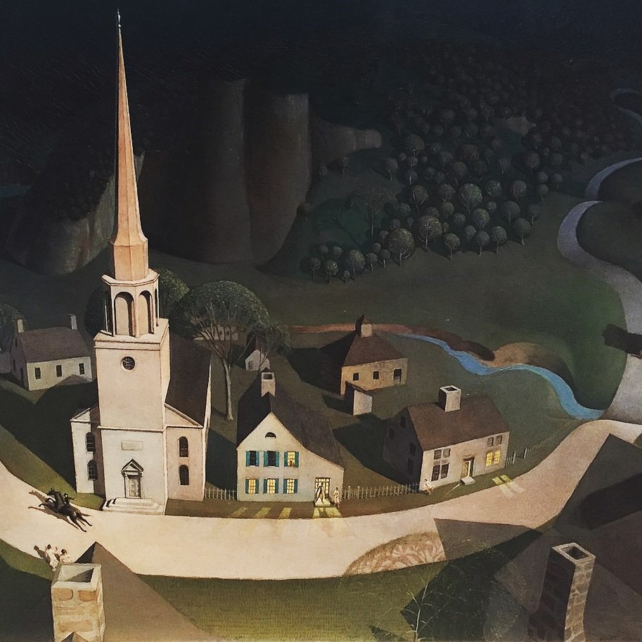 biographite's tweet photo. ‘The Midnight Ride of Paul Revere’ is a 1931 painting by the American artist Grant Wood. It depicts the American patriot Paul Revere during his midnight ride on April 18, 1775. The perspective is from a high altitude as Revere rides through a brightly lit Lexington, Massachusetts https://t.co/FAztFtpzxN