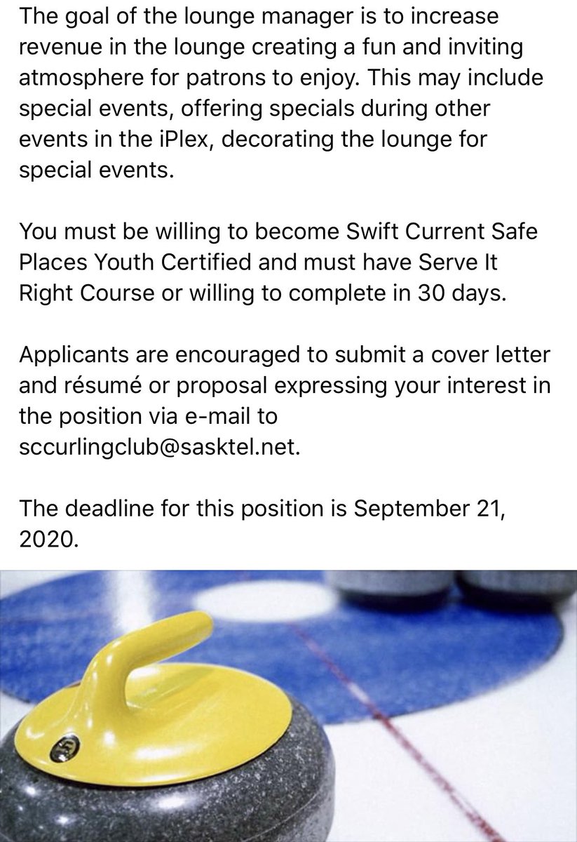 Accepting applications for a ‘Lounge Manager’ for the upcoming curling season.