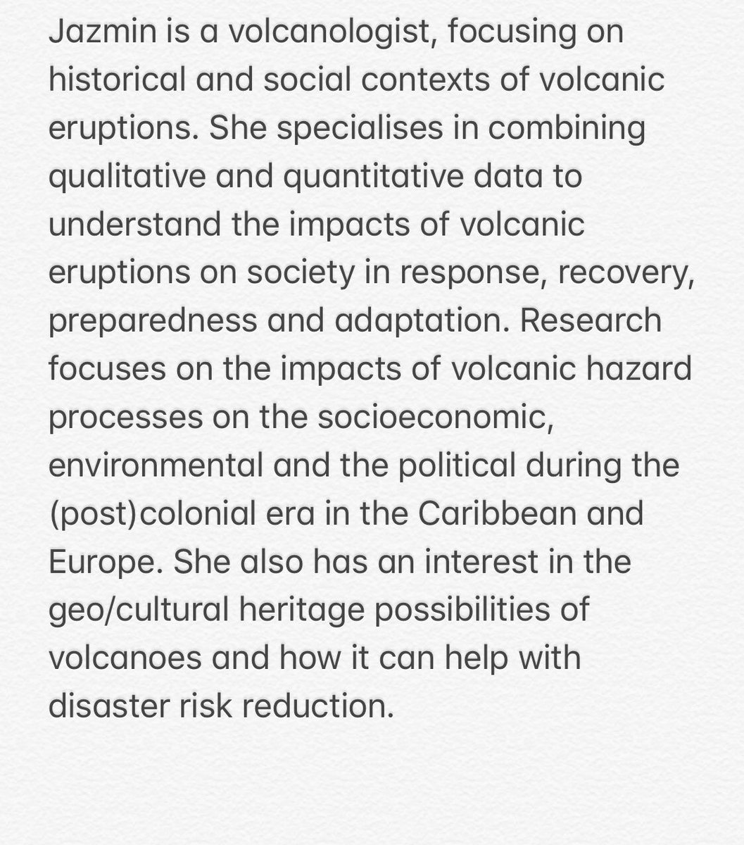 AWG_org's tweet photo. Day 2 of #BlackInGeoscience, Geosphere. Meet Jazmin Scarlett, nominated to us by Rebecca Williams. Jazmin is a volcanologist, focusing on historical and social contexts of volcanic eruptions, see the pic for her full research
@BlkinGeoscience @scarlett_jazmin #womeningeoscience https://t.co/q2ElwLb4ht