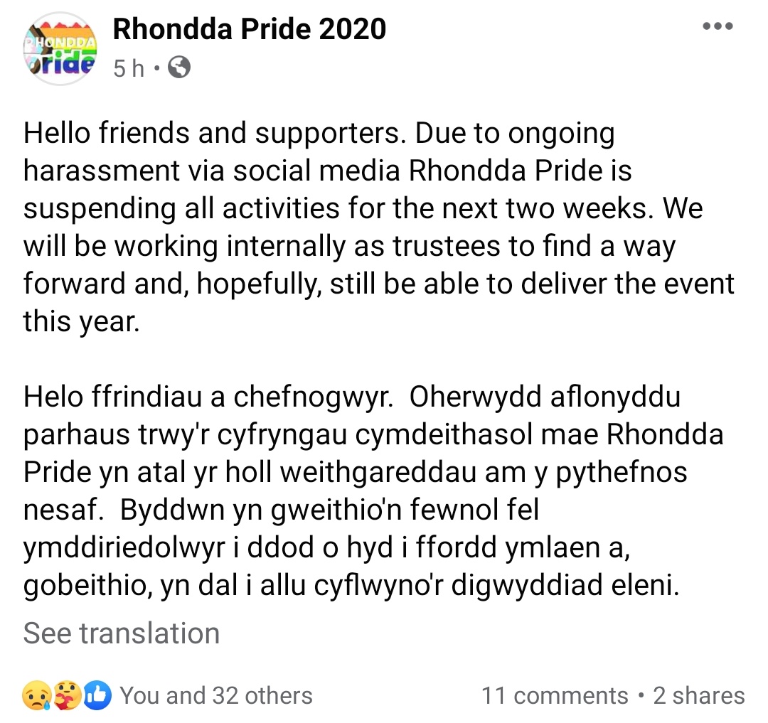 They have now deleted this status therefore removing all the comments rightfully criticizing the way they've run Rhondda Pride. I guess they never learn huh?