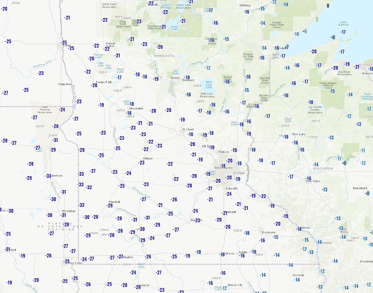 Up here these temperatures could either be observed morning lows or